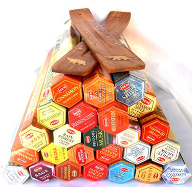 HEM 25 Packungen HEM Räucherstäbchen, je 20 Stück, zufällige Auswahl, plus 2 Brettchen als Halterung. im Sale